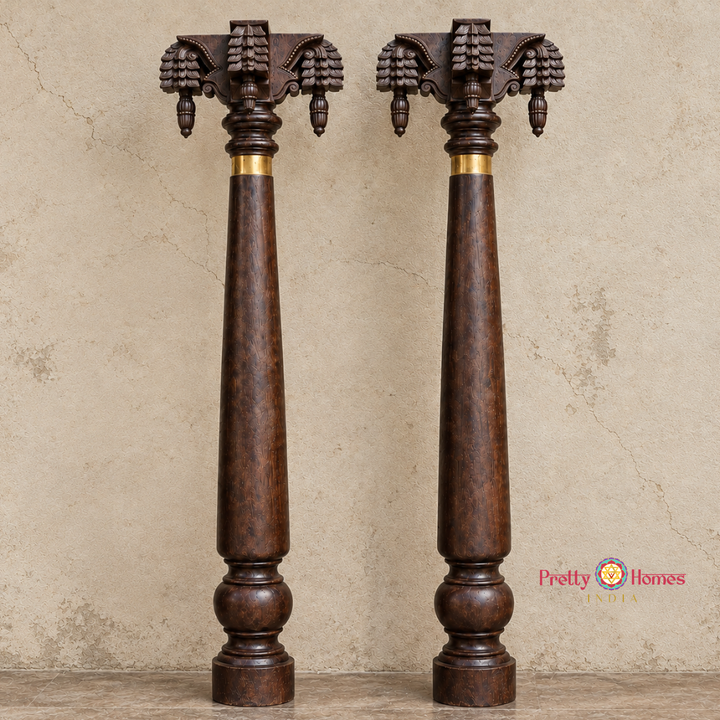 Traditional Chettinad-Style Woodcarved Pillars with Bodhils  Designs (Pair)