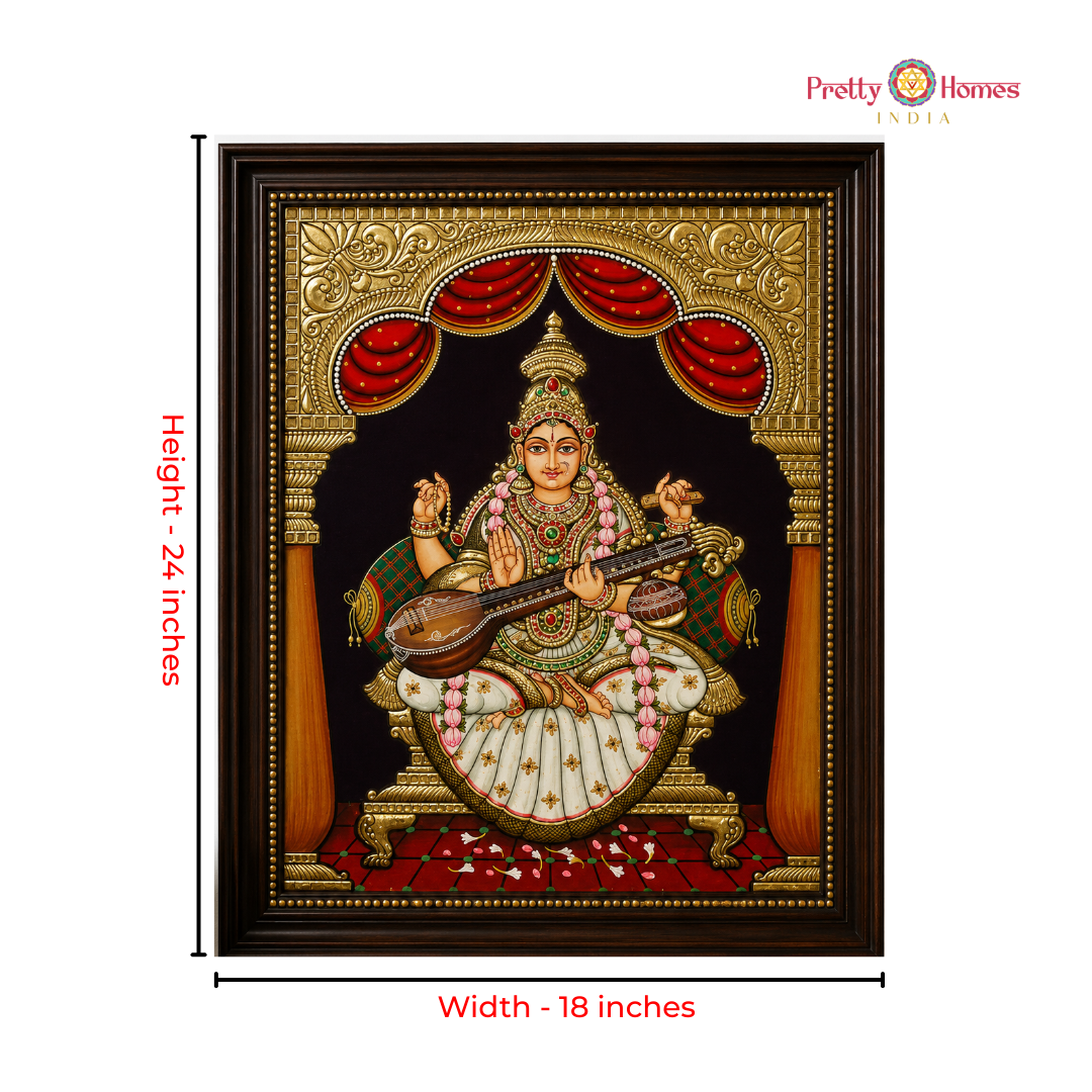 Aesthetic Goddess Saraswati with Chettinad Pillars Tanjore in Real Gold