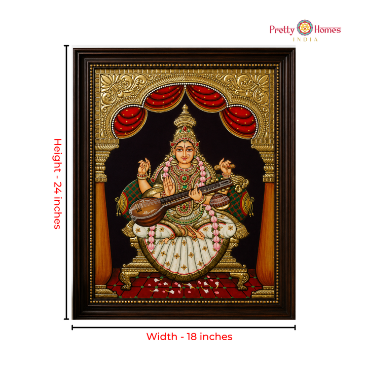 Aesthetic Goddess Saraswati with Chettinad Pillars Tanjore in Real Gold