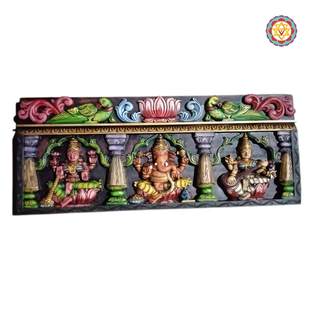 Horizontal teak wood panel of Ganesha Lakshmi Saraswati with lotus design for vastu friendly wall decor