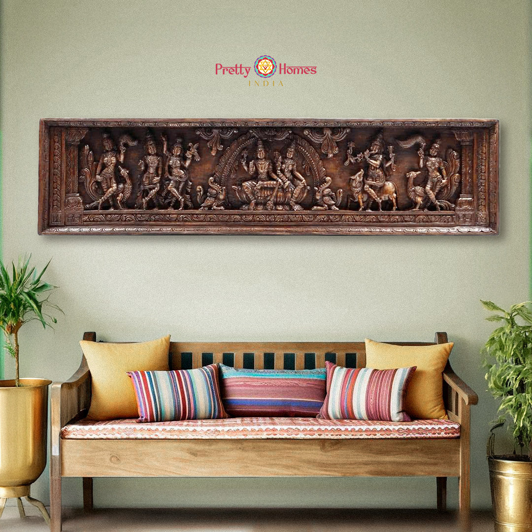 Horizontal wooden wall panel of Lord Venkateswara with Padmavathi and Krishna
