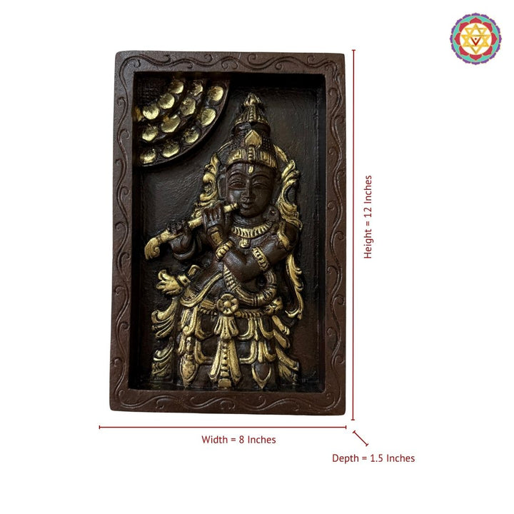 Exquisite Krishna with Flute – Handcarved Wooden Frame in Polish & Antique gold