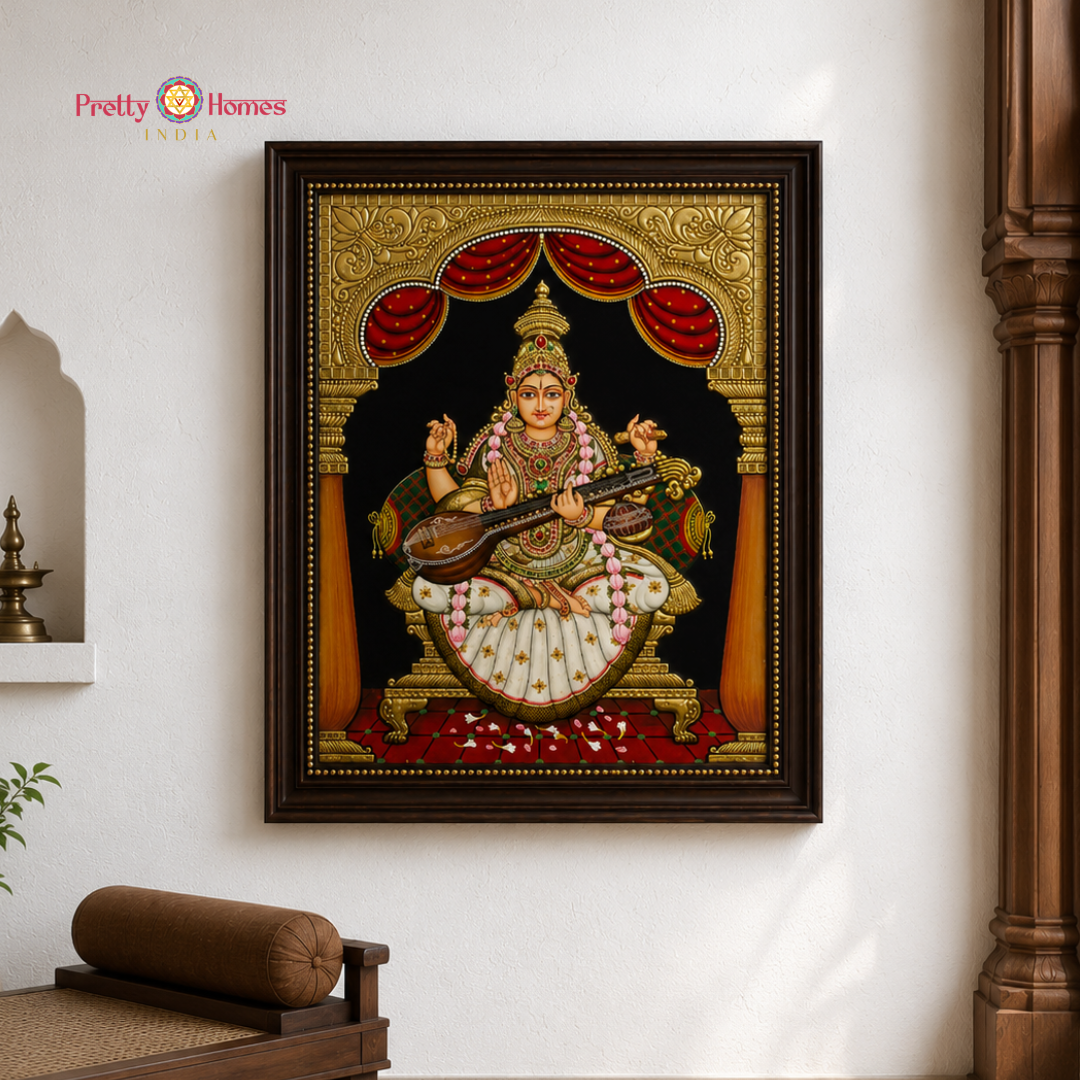 Aesthetic Goddess Saraswati with Chettinad Pillars Tanjore in Real Gold