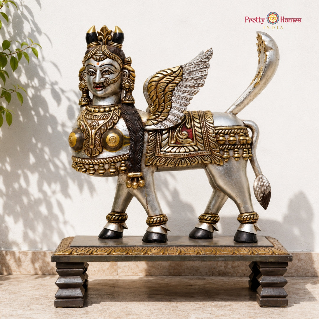 Large Hand-Carved Kamadhenu Statue with Silver & Multicolour Accents