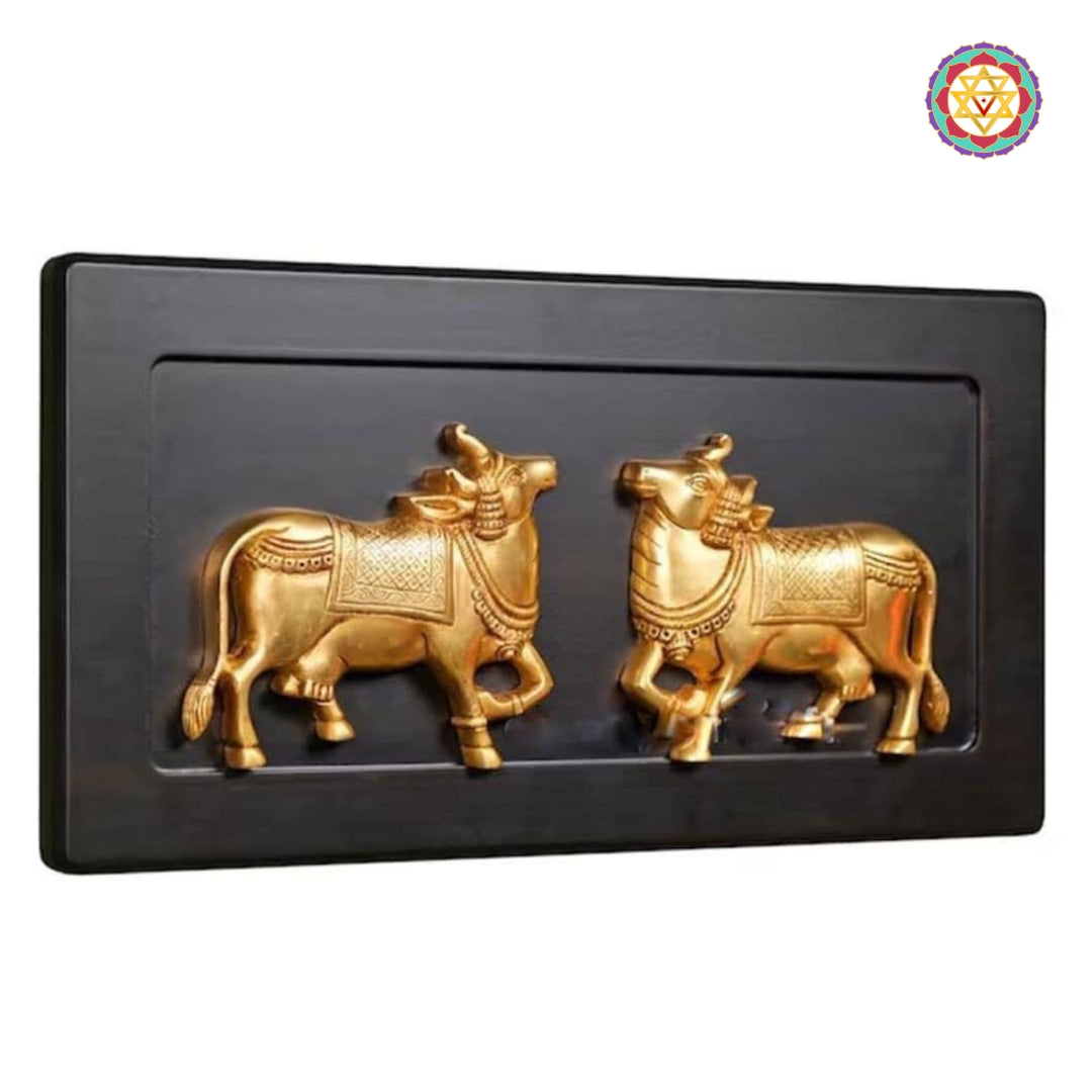 Wooden frame with brass cow — spiritual Indian handcrafted wall art