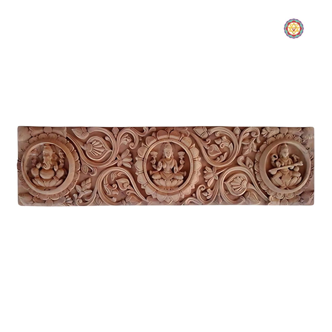 Triple deity carved wooden panel – handcrafted wall decor for pooja room and auspicious interiors.