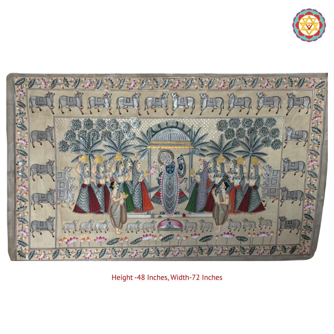 horizontal vintage finish handpainted pichwai rajbhog swaroop lifestyle image showing framed installation and traditional décor accents