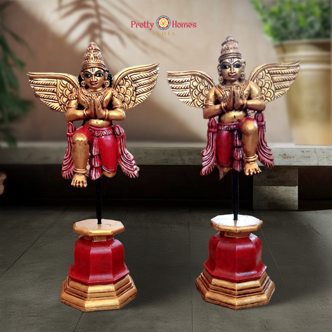 Woodcarved Indian angel Gandharva statue with folded hands pose