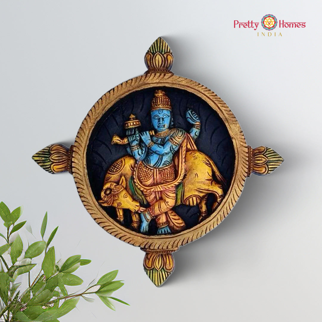 Handcarved round wooden wall plate featuring Lord Krishna playing flute