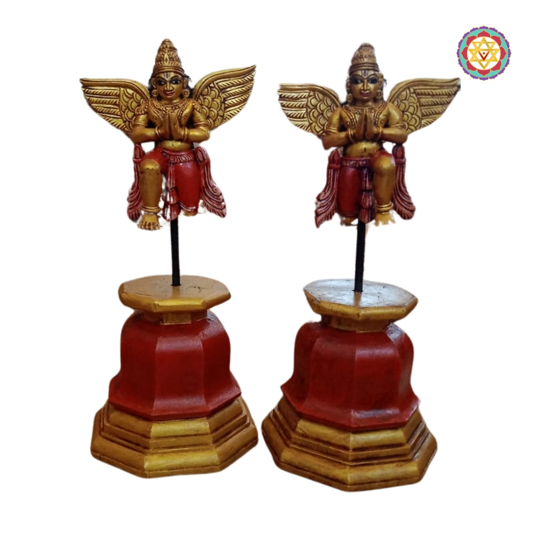 Handcrafted Gandharva sculpture on wooden carved base