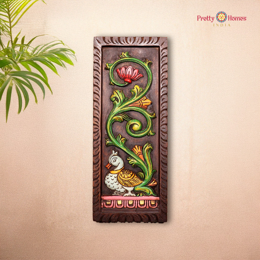 wood carved vertical annapakshi annam with lotus and vines wall hanging panel handcrafted wood carving