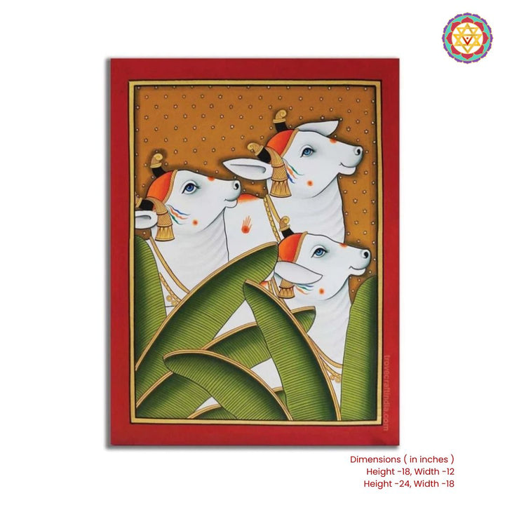 Small size handpainted pichwai - Handpainted Cows & Leaves