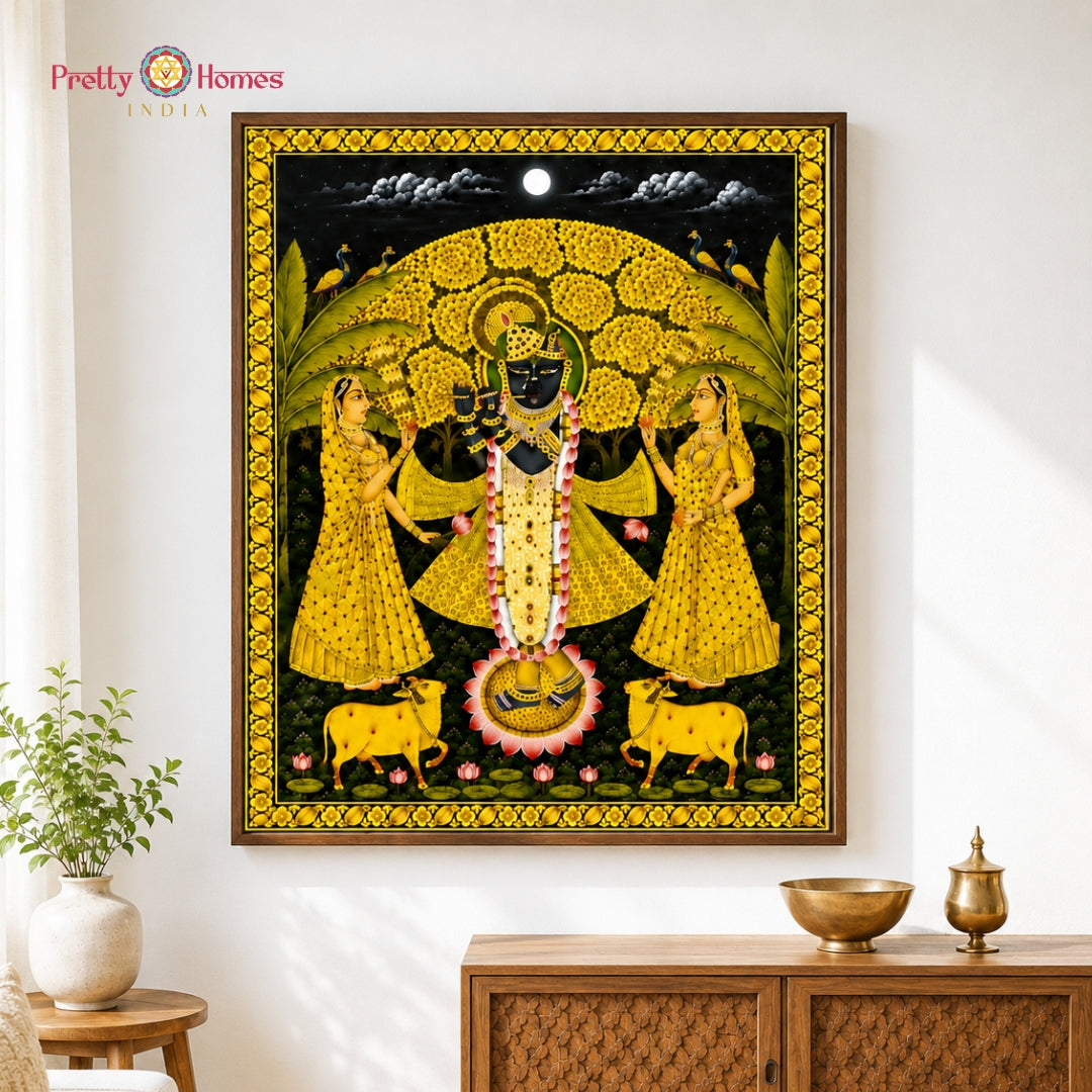 Hand-Painted Golden & Black Shrinathji with Gopikas Pichwai