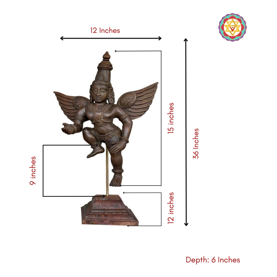 Product dimension overlay: Gandharva sculpture — Width 12 in, Figure 15 in, Total 36 in, Base 12 in, Depth 6 in (measurement chart)