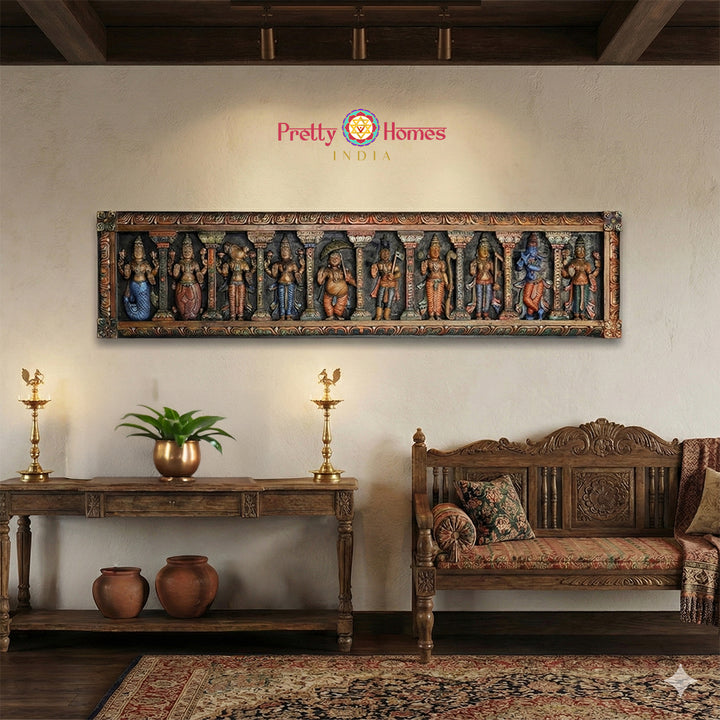 Seventy-two inch grand Dasavathar wood panel masterpiece with temple carvings