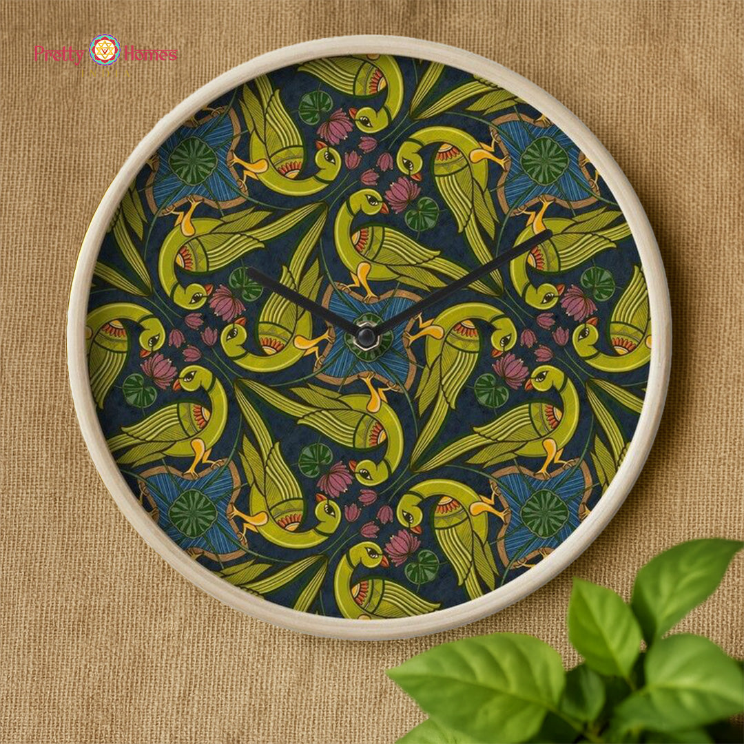 close-up of colourful parrots in hand-painted pichwai plate