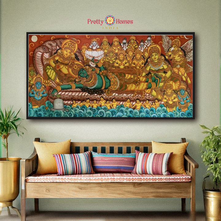 ananthasayanam mural painting front view showing resting vishnu with celestial deities