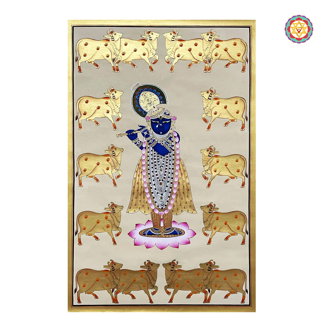 Krishna print with multiple cows on cream background and gold accents traditional Indian art