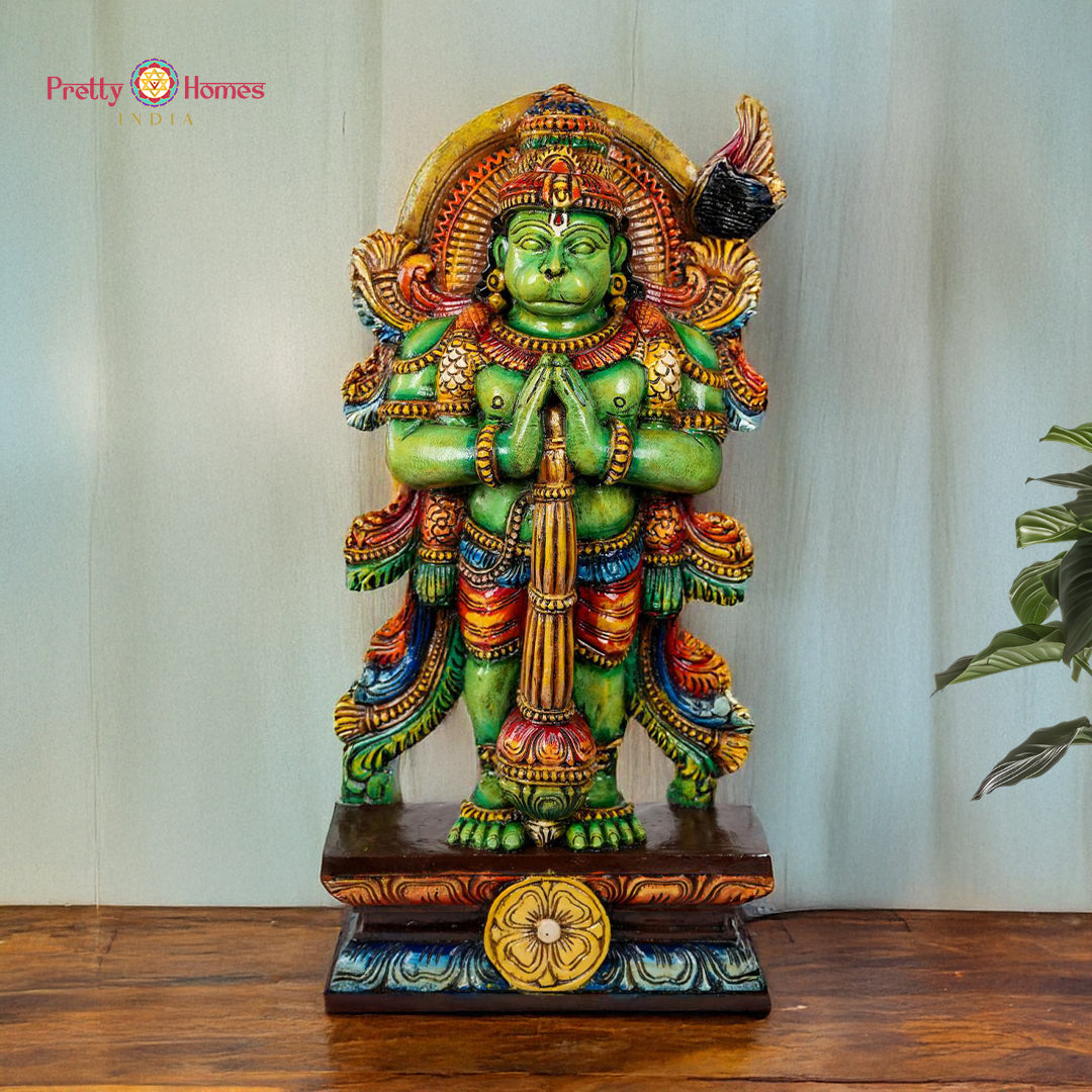 wood carved lord hanuman statue with joining hands in anjali mudra