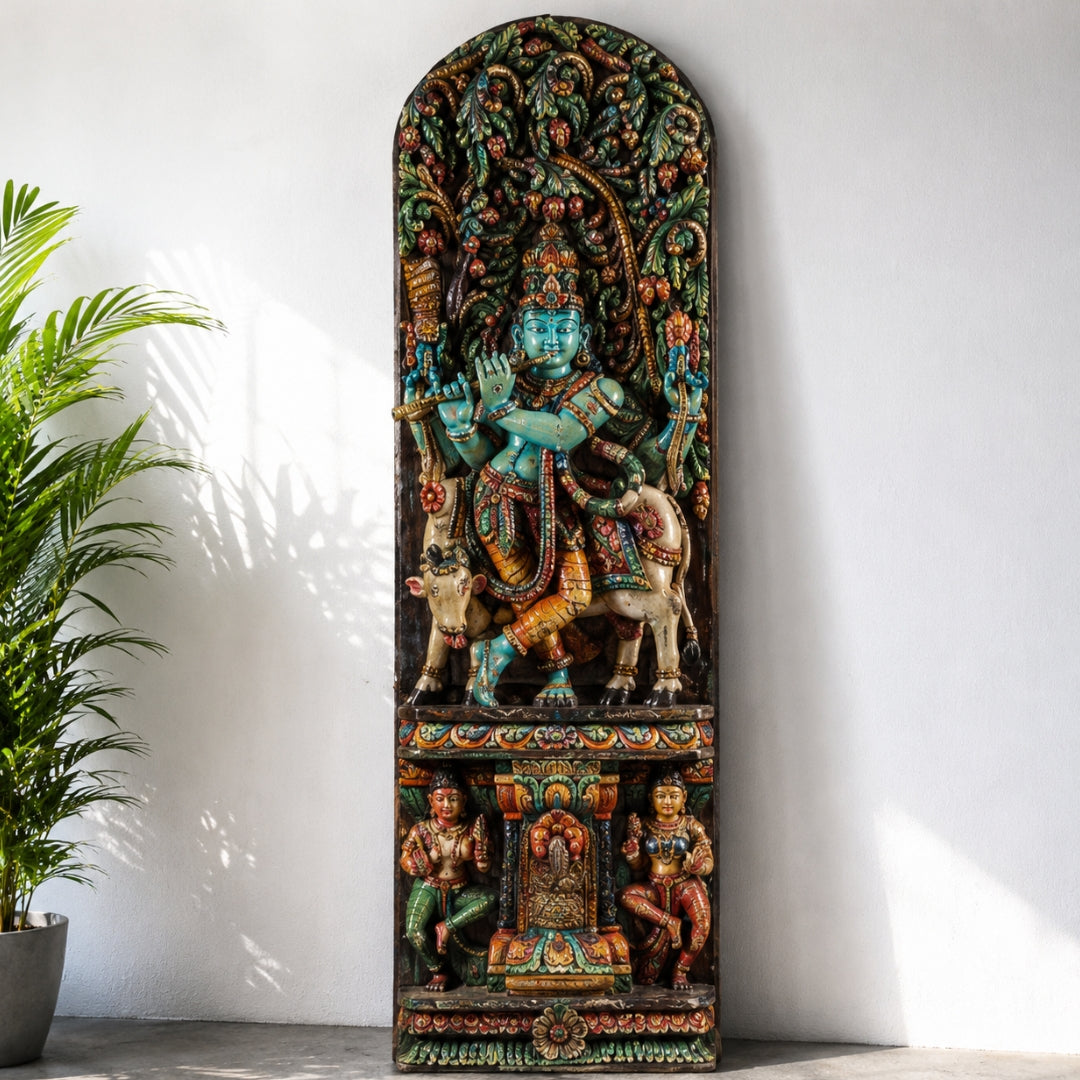 Gopal Krishna Canopy Panel – Handcarved Wooden Sculpture Multicolor