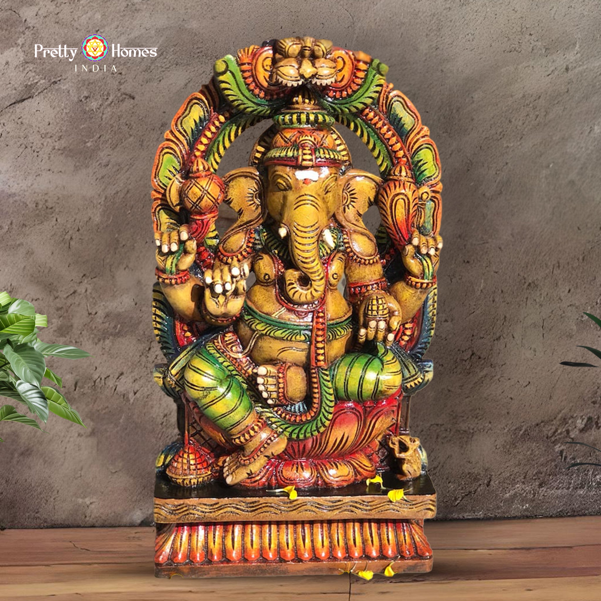 Hand-carved wooden Ganesha sculpture statue — antique brown finish, Hindu deity idol for home temple or living room decor