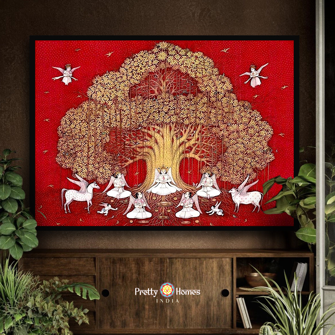 Tree of life pichwai painting with divine angels gandharvas cows and horses