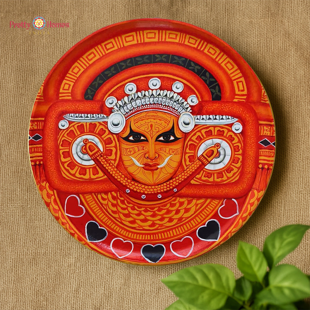 Kerala Theyyam mural wall plate featuring vibrant facial detailing and traditional motifs