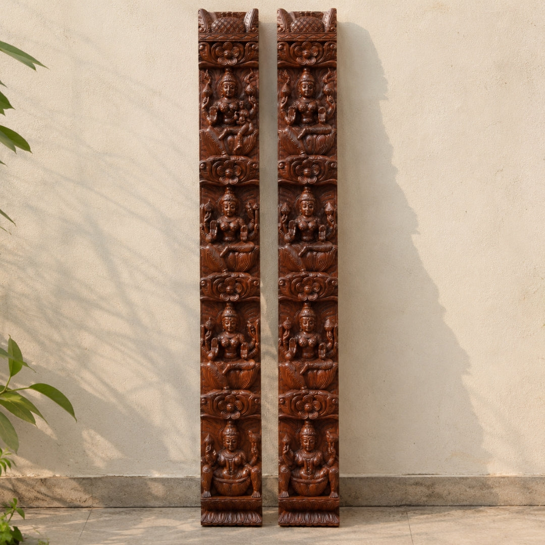 Woodcarved Vertical Ashtalaxmi Wall Panel – Temple Wooden Decor (Single)