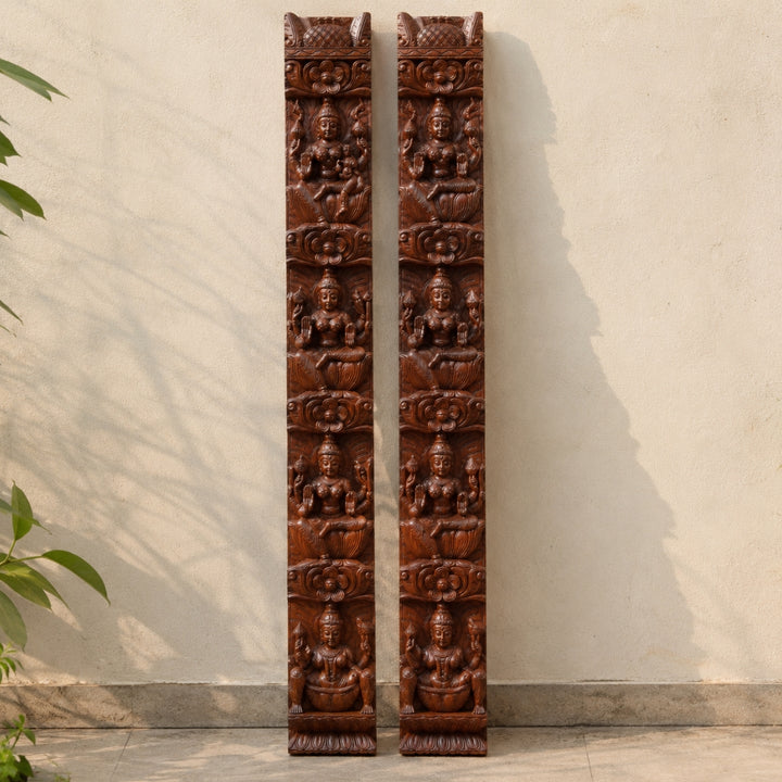 Woodcarved Vertical Ashtalaxmi Wall Panel – Temple Wooden Decor (Single)