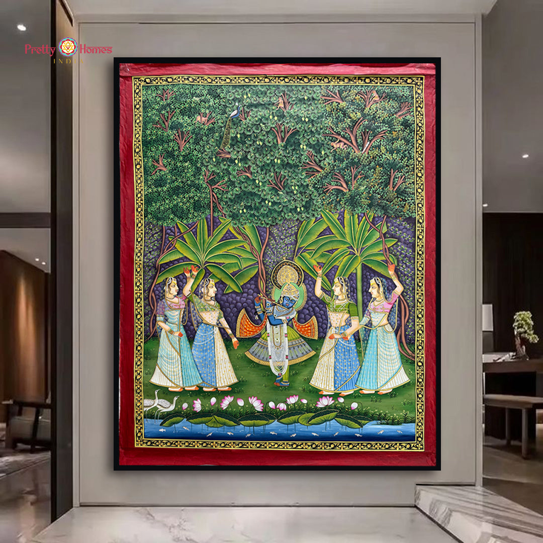 Flute Krishna with Gopikas in Forest — Handpainted Pichwai for Heritage Interiors