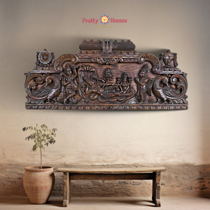 Wooden carved wall panel of Ranganathar reclining with Lakshmi, Hanuman & Garuda