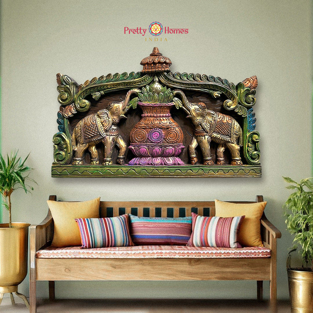 Multicolour woodcarved Mangal Kalash /Kalasham with elephants wall panel /frame