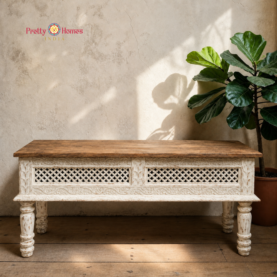 Wood-Carved Console Table with Storage