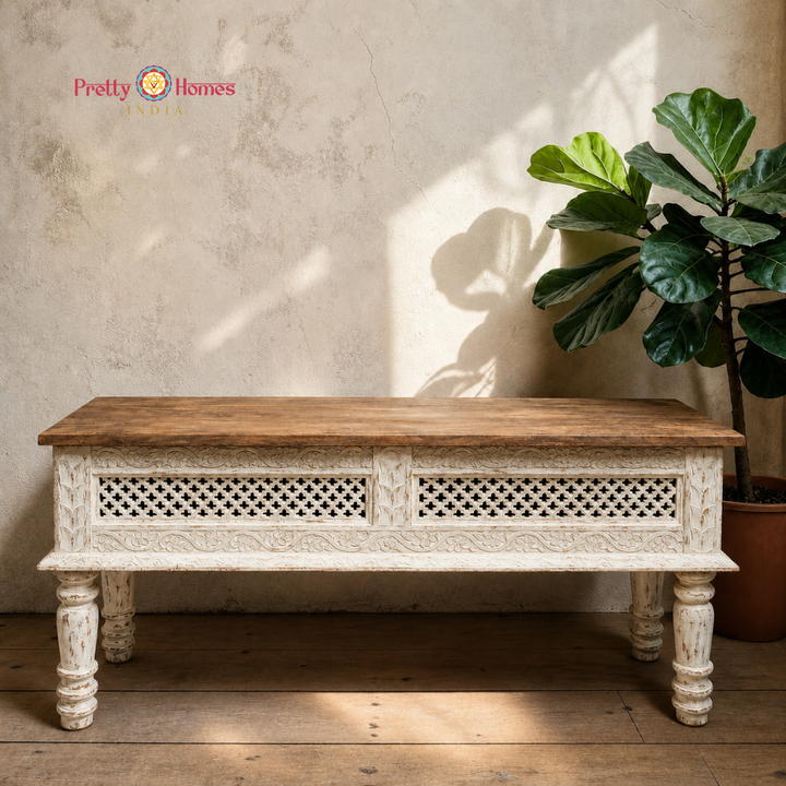 Wood-Carved Console Table with Storage