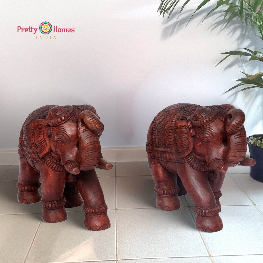 Auspicious Wood Carved Trunk-Up Elephant Statues – Symbol of Prosperity for Heritage & Devotional Interiors (each)