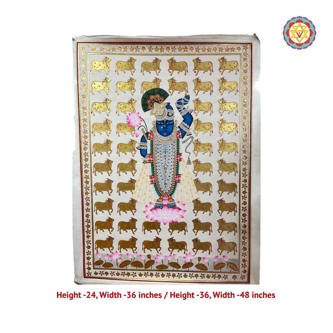 Handpainted pichwai-Shrinathji Darshan – Pichwai with Golden Cows