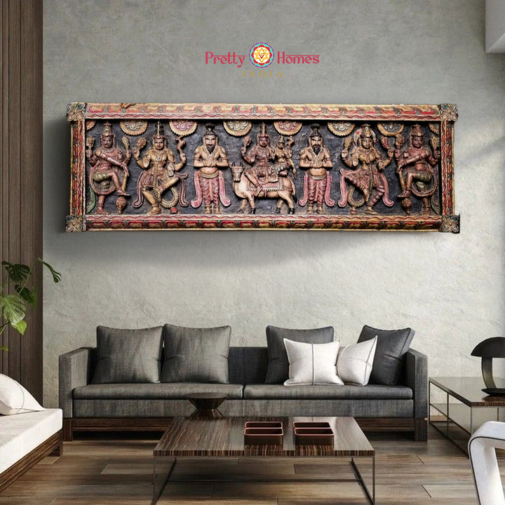 horizontal antique style carved panel shiva parvati on nandi with deities full panel view showing Shiva Parvati seated on Nandi