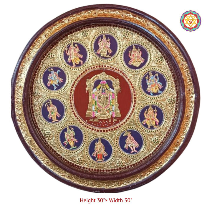 Round Handmade Tanjore – Tirupati Balaji with Intricate Gold Work &amp; Dashavatar Border | 24K Gold & Teakwood Frame