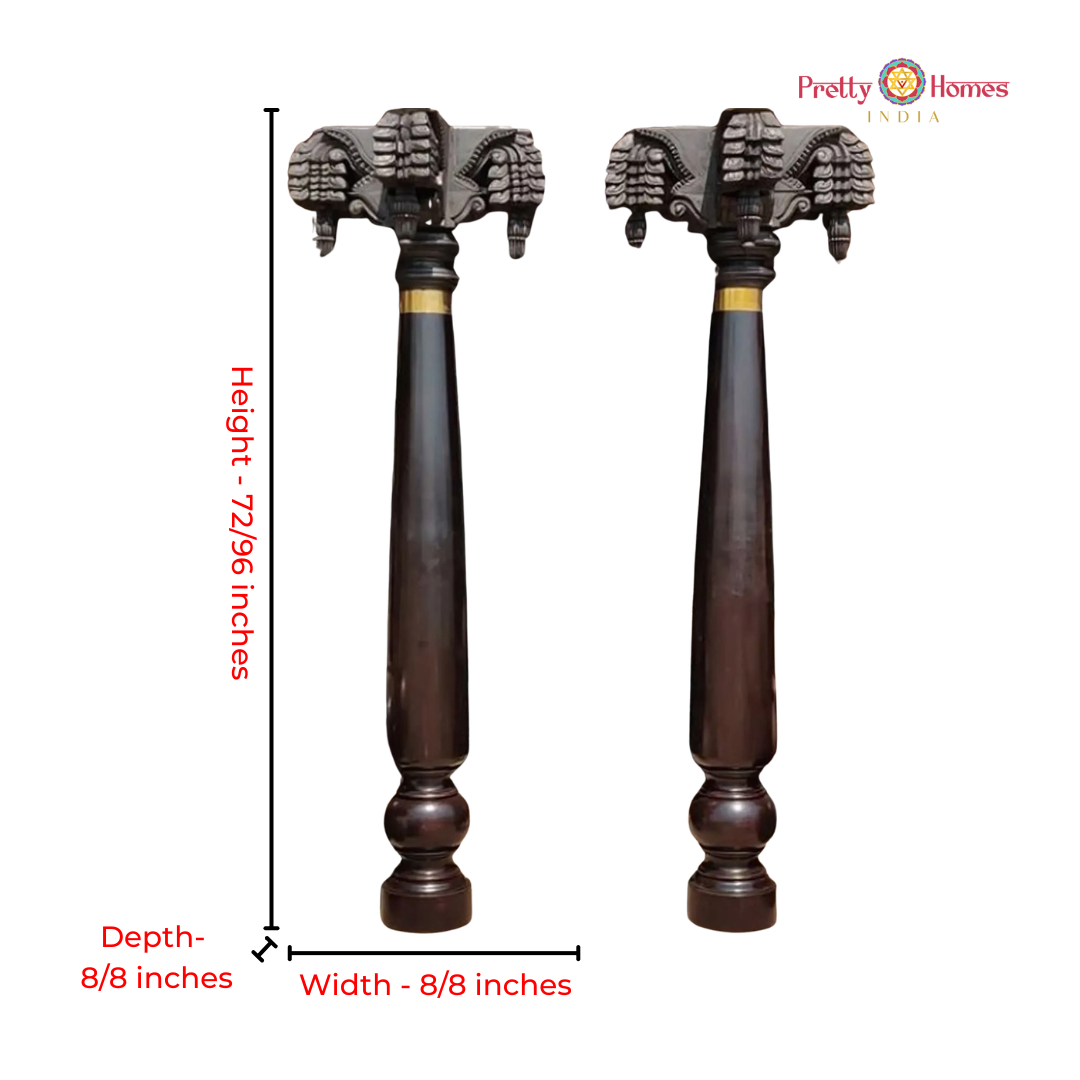 Traditional Chettinad-Style Woodcarved Pillars with Bodhils  Designs (Pair)