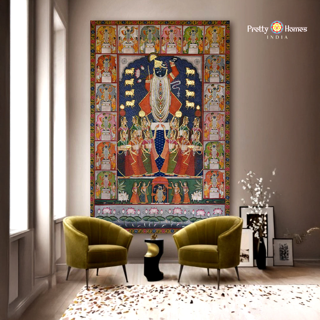 Majestic Pichwai portrait of Lord Krishna with flute amid peacocks and sacred flora