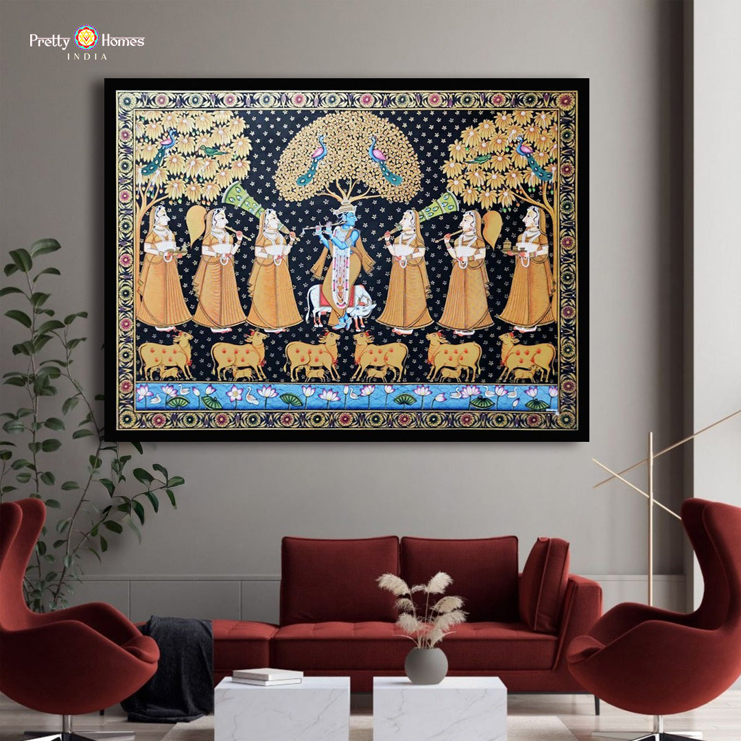 close-up highlighting krishna playing flute with cows and gopikas