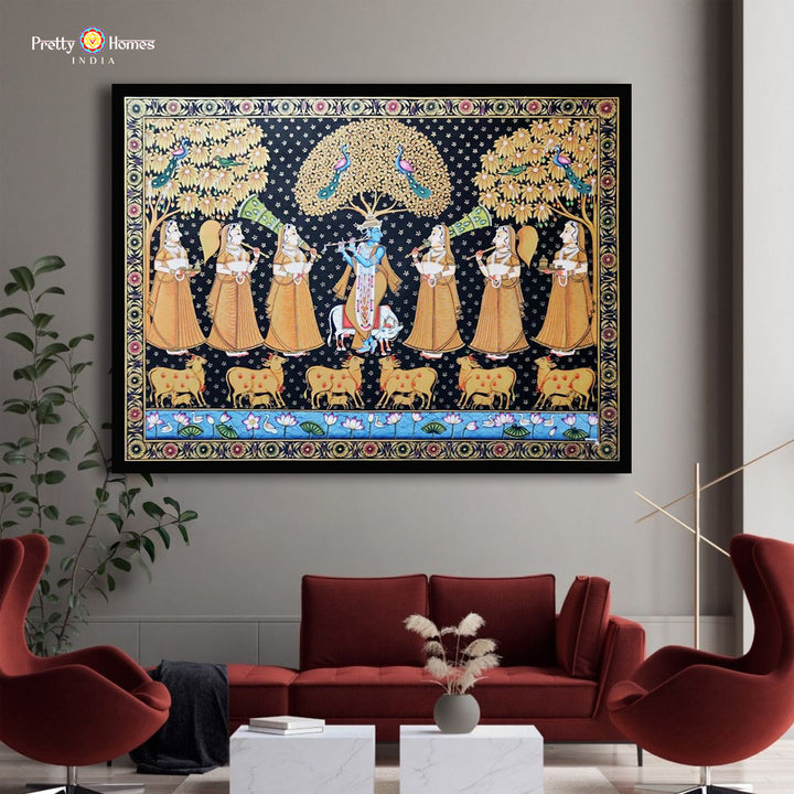 Hand-Painted Pichwai – Flute Krishna with Gopikas and Cows
