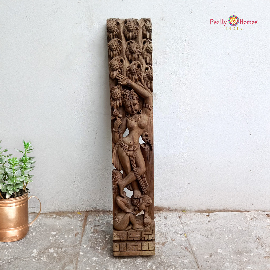 vertical wooden wall panel sculpture of apsara angel inspired by khajuraho temple art featuring graceful posture and fine hand-carved detailing