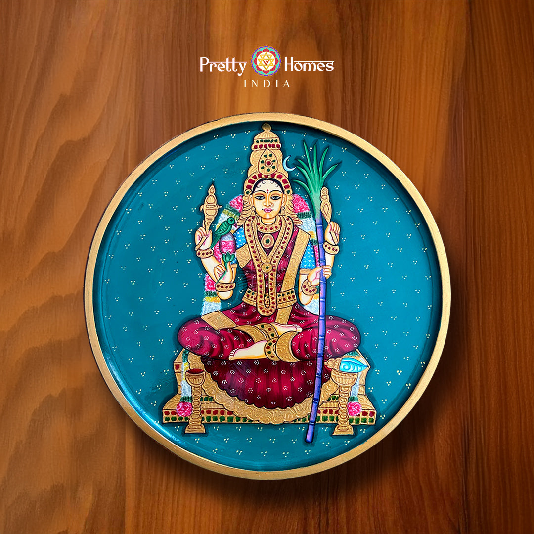 Handpainted wall plate of Goddess Rajarajeshwari in traditional Pichwai style – Indian devotional wall decor.