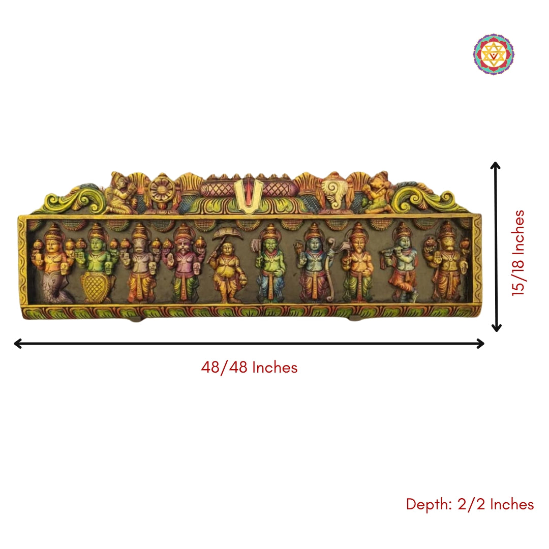 Woodcarved Dasavtaram with Vishnu symbols wall mount /wall panel