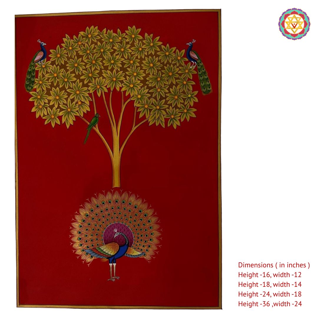 Close view of handpainted Kalpvriksh pichwai showing peacocks and foliage
