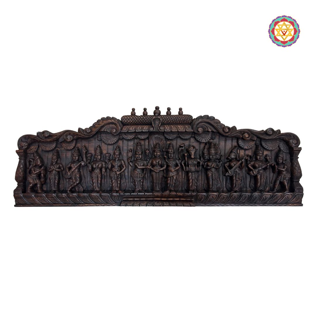 Meenakshi Kalyanam horizontal wooden wall panel with temple-style carving