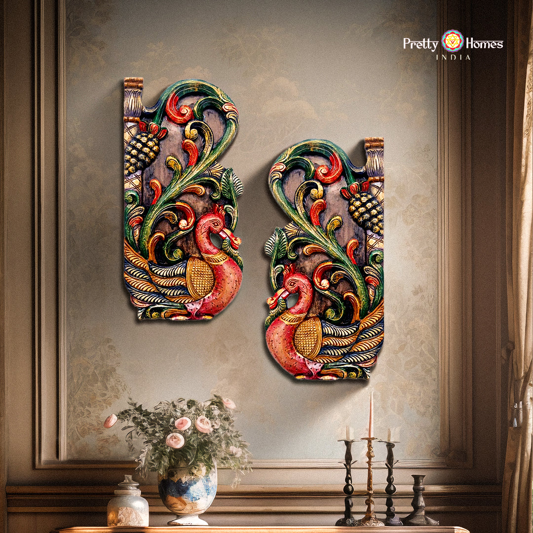 Pair of wooden carved panels with Annam and lotus in wooden polish finish