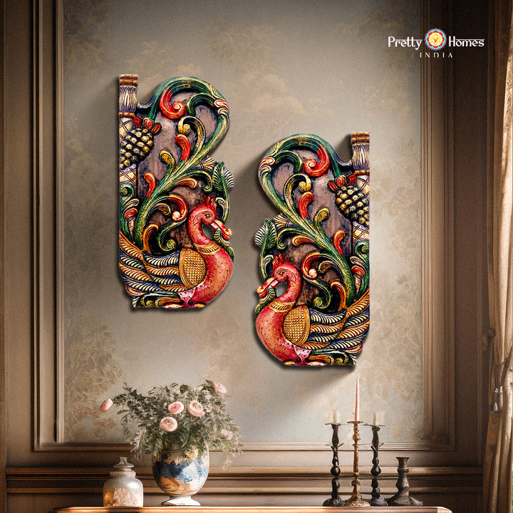 Pair of wooden carved panels with Annam and lotus in wooden polish finish