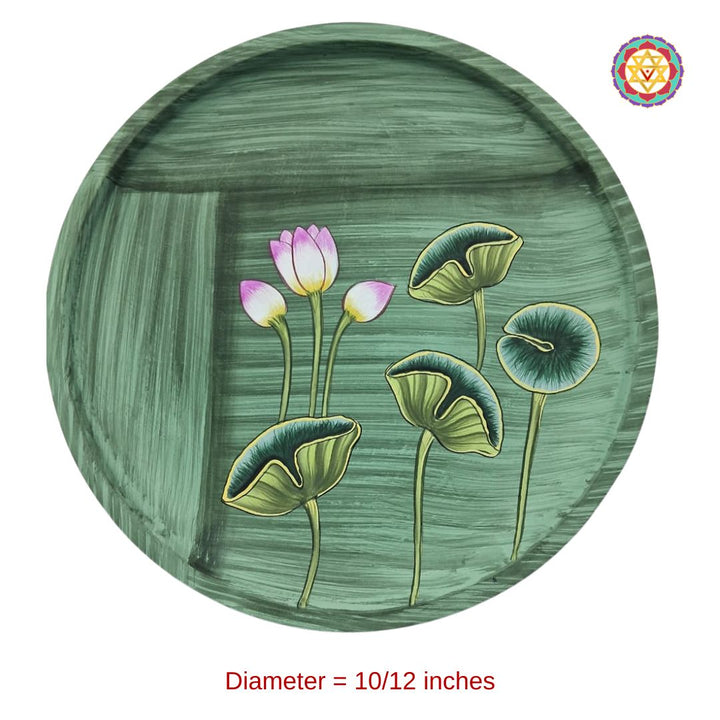 hand-painted wall plate with indian florals aesthetic lotus and leaves design, traditional lotus pattern and vibrant tones